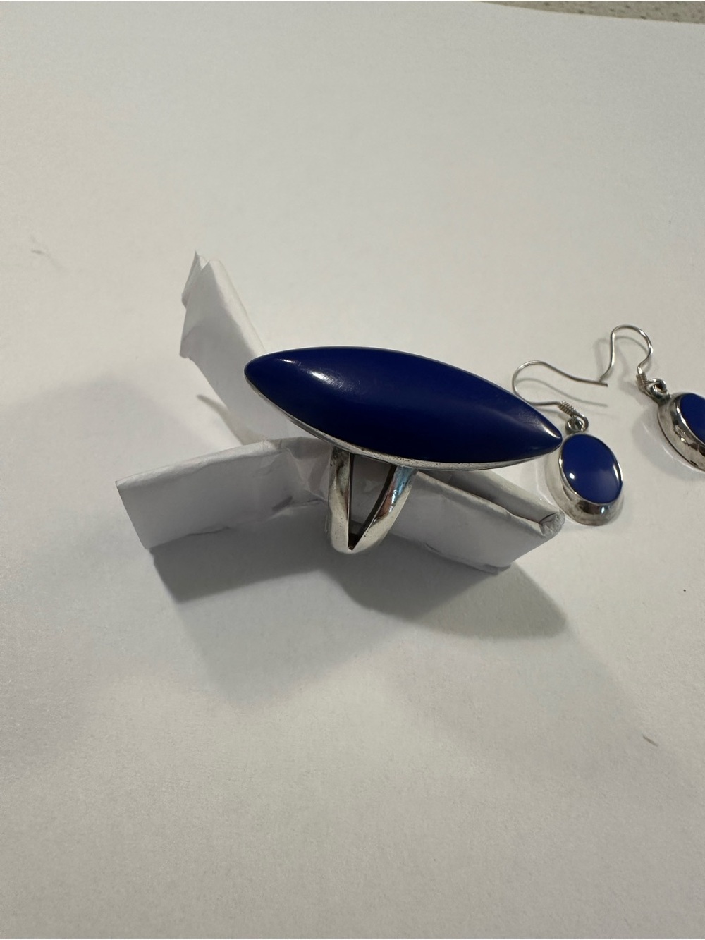 Sterling silver (marked) Blue Cabochon Ring and Earrings - Picture 4 of 5
